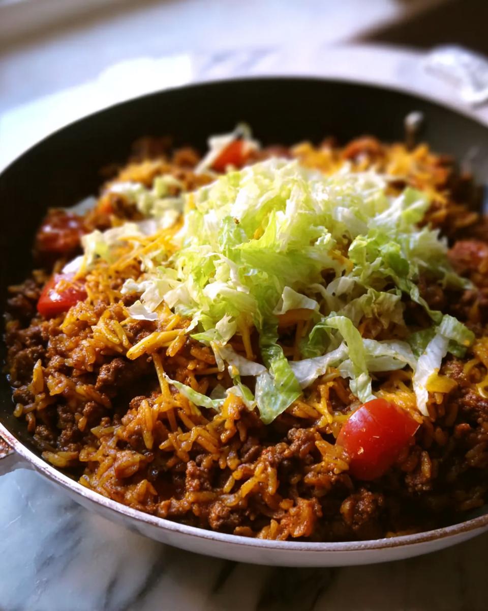 Close-up of a finished Taco Skillet in a pan, topped with shredded lettuce, cheese, and cherry tomatoes.