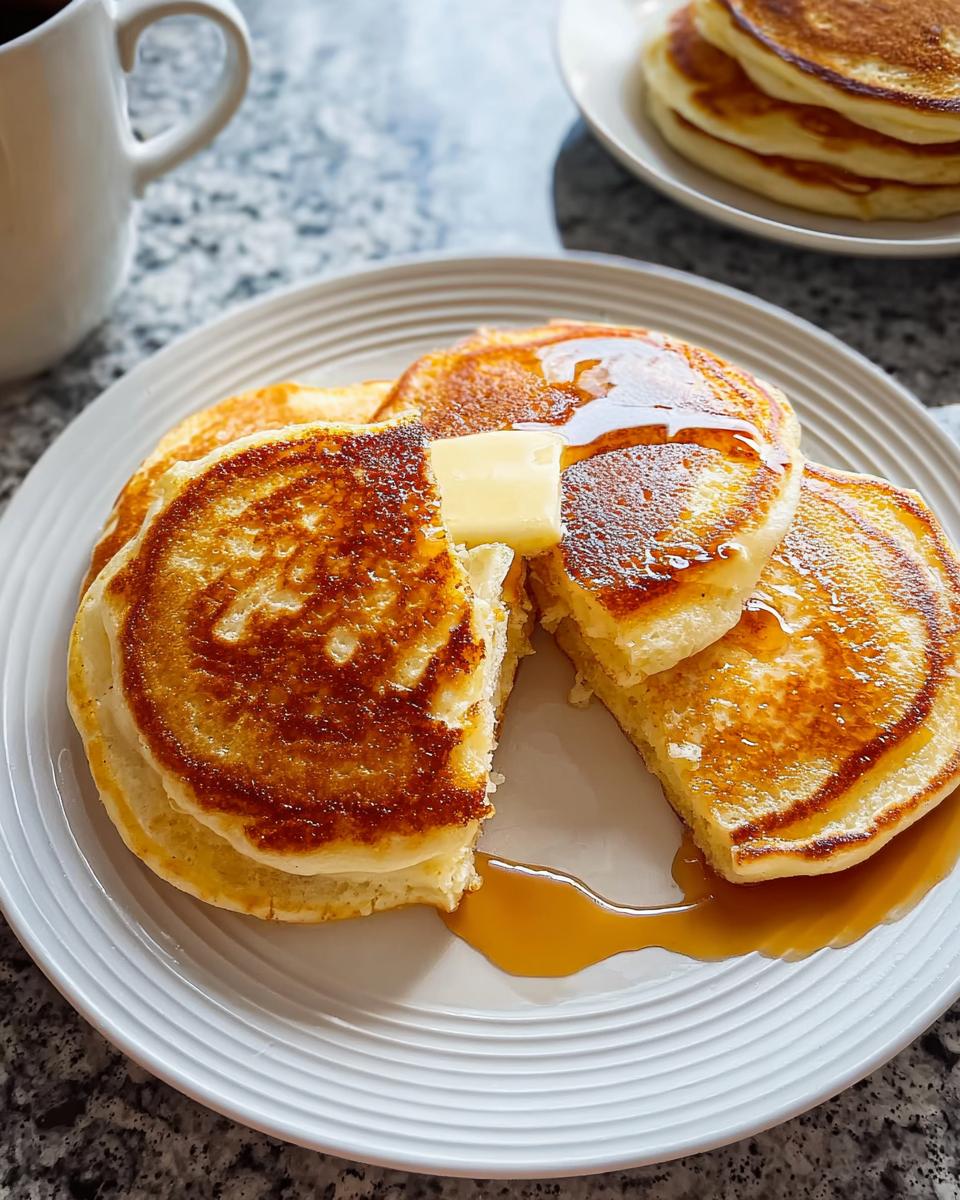 Close-up of fluffy buttermilk pancakes stacked on a white plate, topped with melting butter and drizzled with maple syrup.
