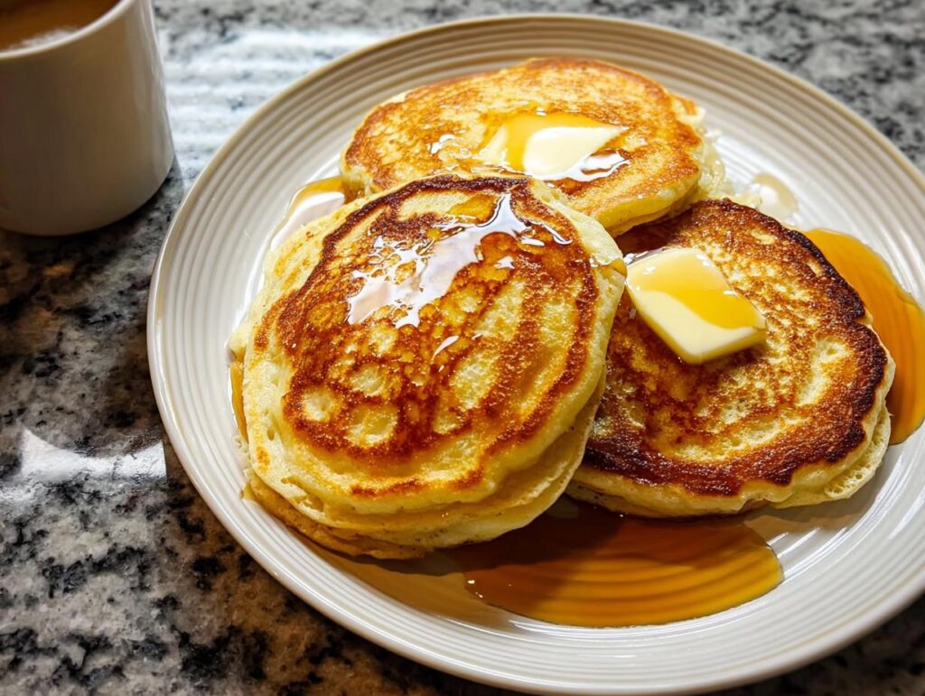 A close-up of three golden-brown Fluffy Buttermilk Pancakes topped with melting butter and drizzled with syrup.