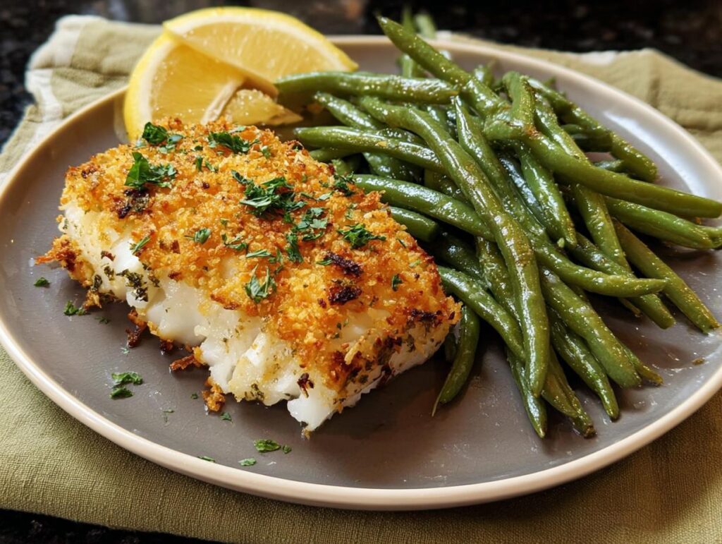 A delicious 1-pan wonder featuring baked fish with a crispy topping and seasoned green beans, served with a lemon wedge.