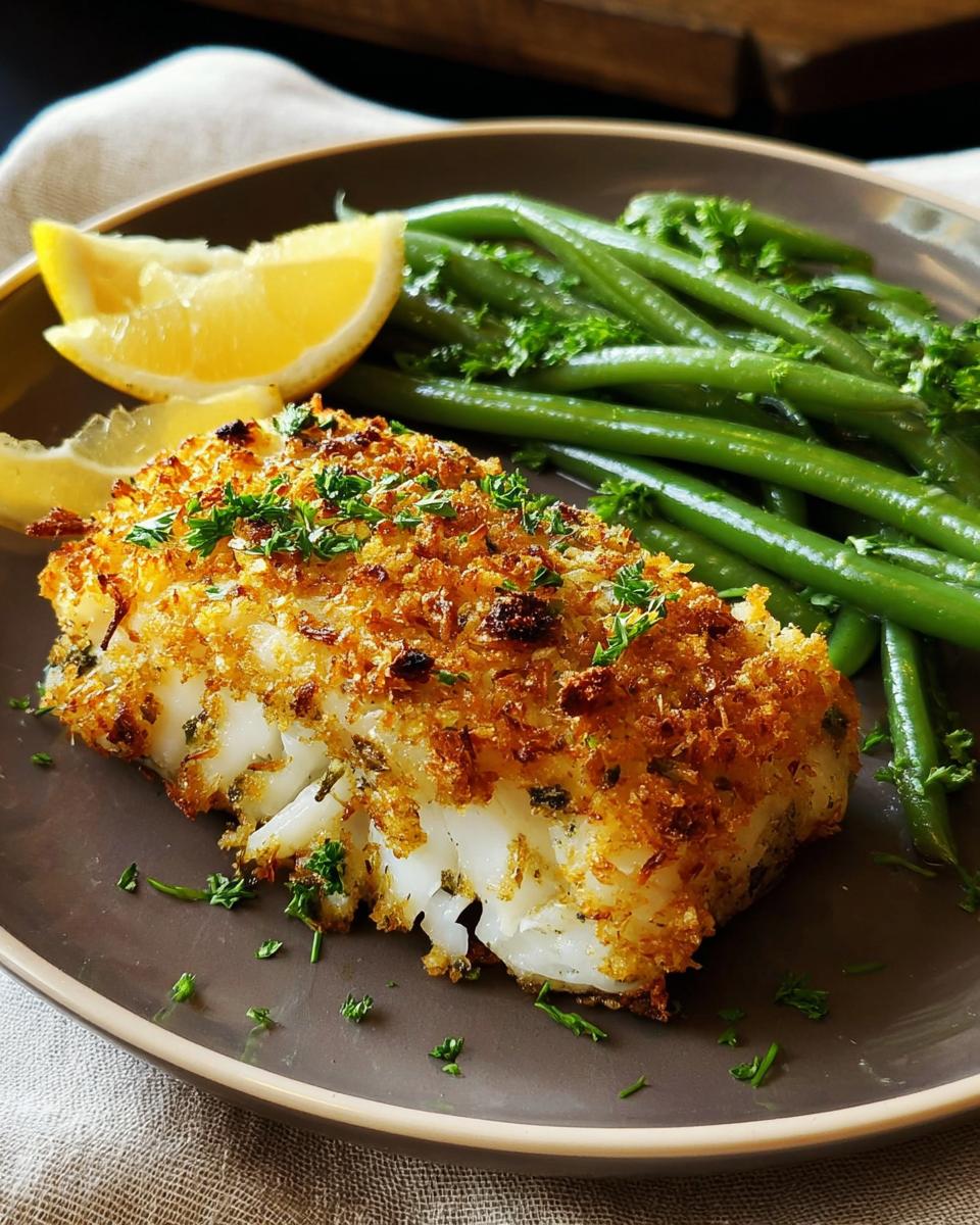 A piece of flaky baked fish with a golden crust, served with steamed green beans and lemon wedges, a perfect one-pan dinner idea.