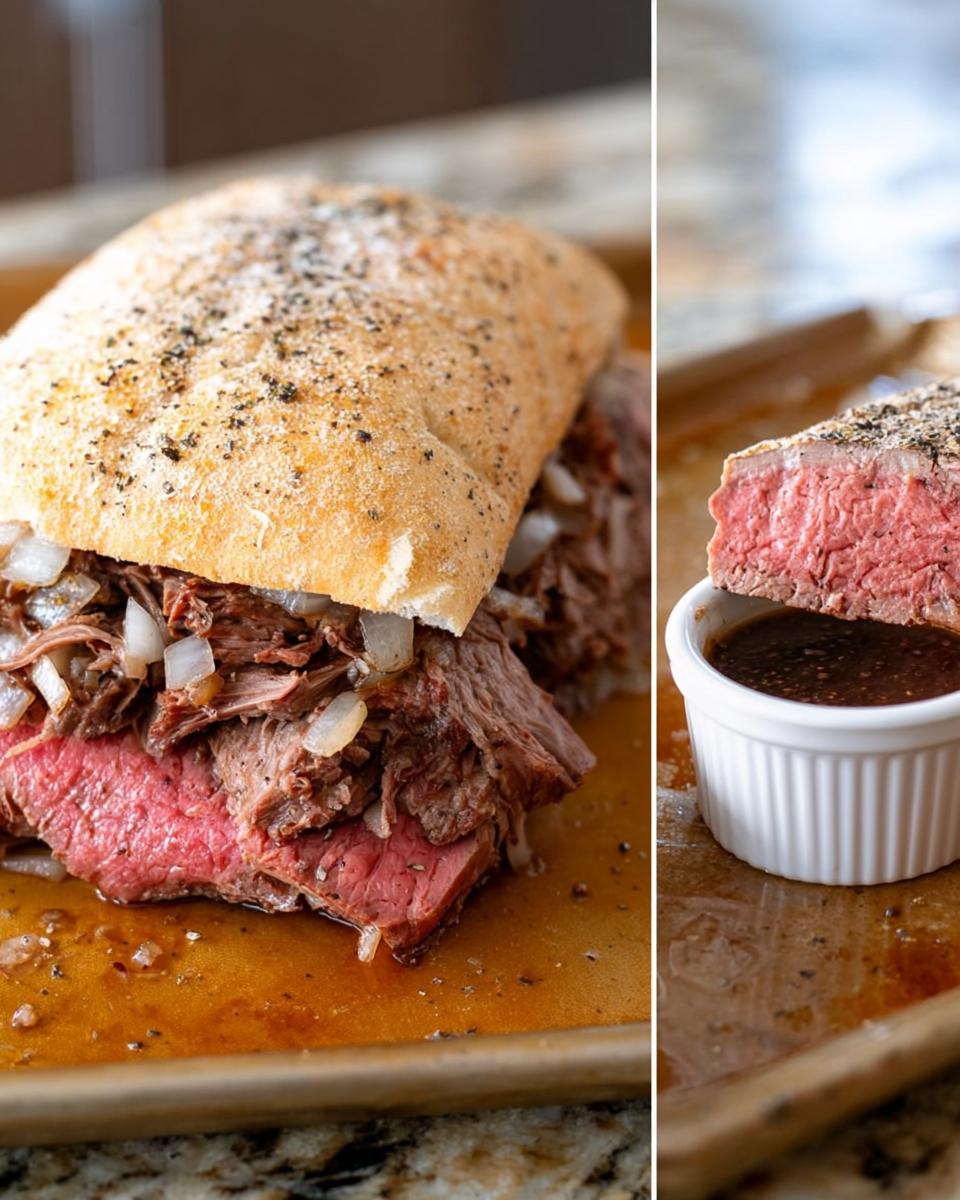 Split image showing a French Dip sandwich and a slice of rare roast beef ready for dipping in delicious Au Jus.