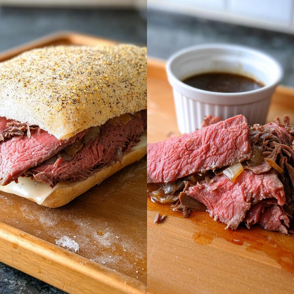 Split image showing a French Dip sandwich and sliced roast beef served with delicious Au Jus for dipping.
