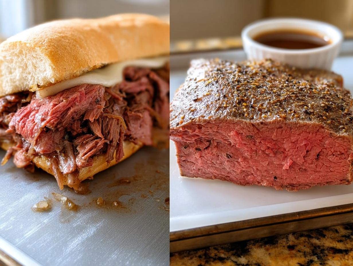 Split image showing a French Dip sandwich and a slice of medium-rare roast beef next to a cup of Au Jus.