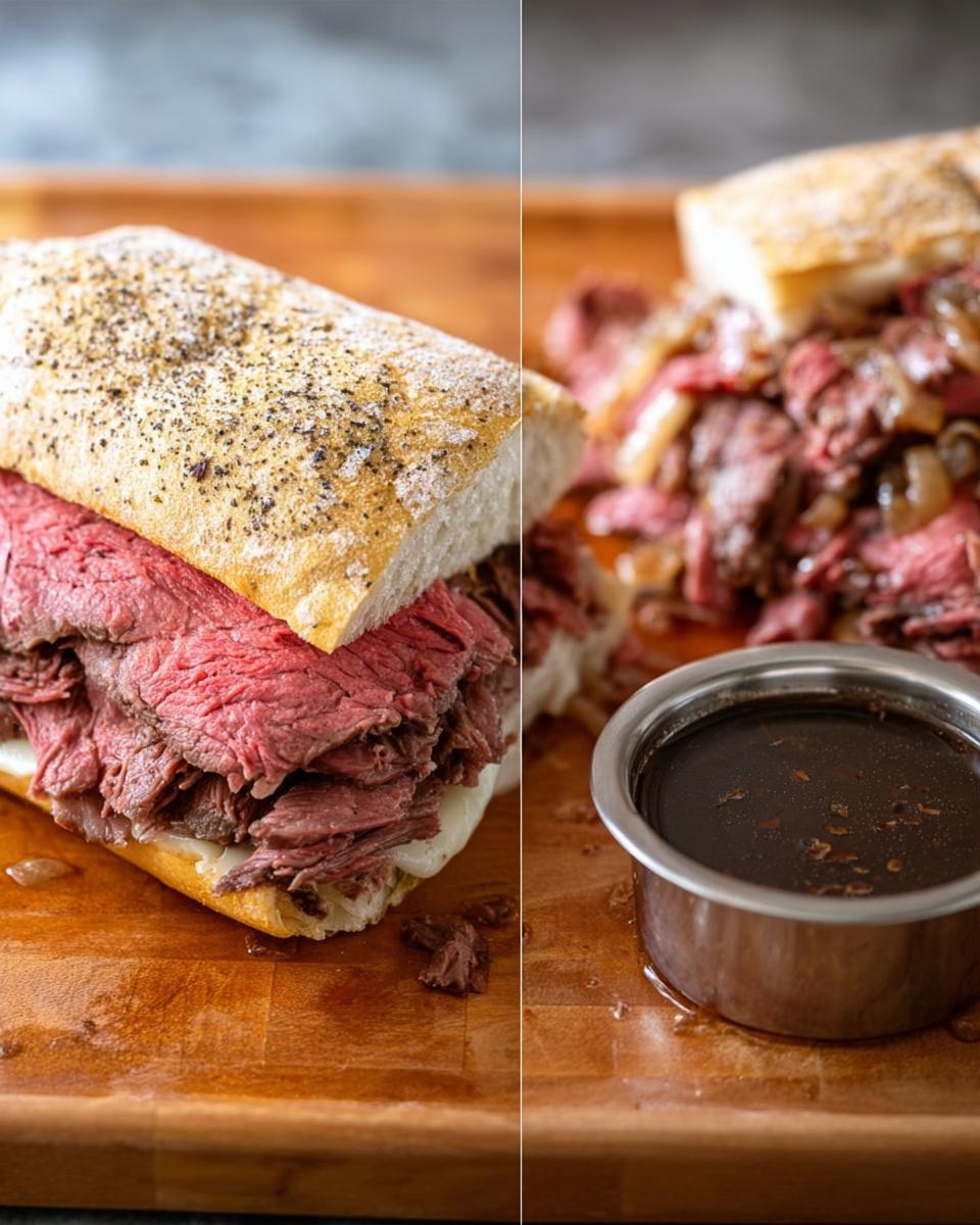 A split image showing a French Dip sandwich filled with rare roast beef and a side cup of rich, dark au jus for dipping.