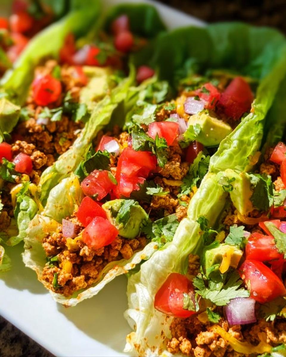 Close-up view of several fresh Turkey Taco Lettuce Wraps filled with seasoned ground turkey, diced tomatoes, avocado, and red onion.