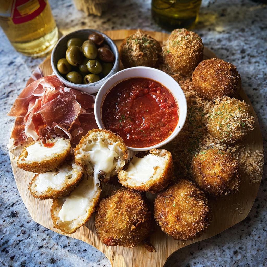 Platter of golden fried cheese balls (arancini style) served with prosciutto, olives, and marinara sauce for an elegant New Year’s Eve Dinner Menu.