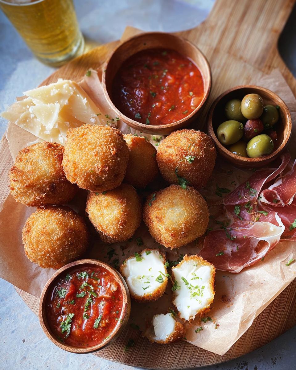 Golden fried mozzarella balls served with marinara, prosciutto, olives, and Parmesan for an elegant New Year’s Eve Dinner Menu.