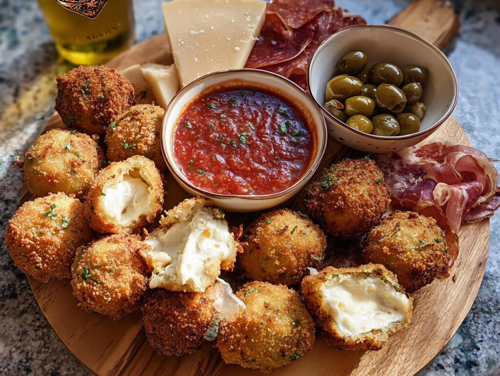 Golden fried mozzarella balls, one cut open showing melted cheese, served on a platter for an elegant New Year’s Eve Dinner Menu.