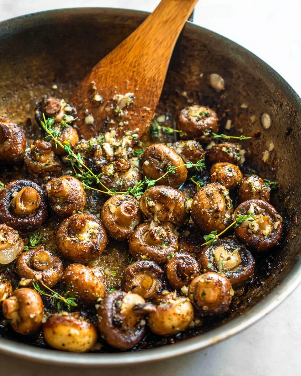 Close-up of whole button mushrooms sizzling in a skillet with melted garlic butter and fresh thyme sprigs.