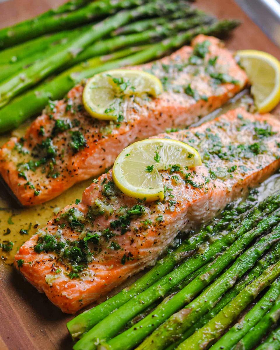 Two fillets of cooked salmon topped with garlic butter sauce, parsley, and lemon slices, served alongside bright green asparagus.