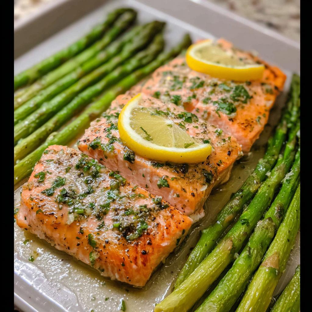 Three fillets of cooked Garlic Butter Salmon & Asparagus topped with lemon slices and herbs.