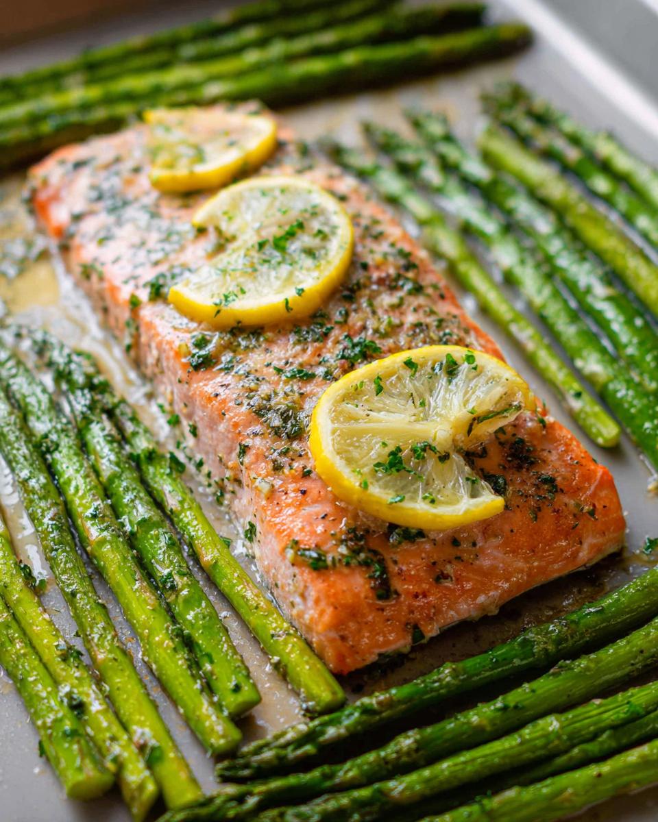 Close-up of a baked salmon fillet topped with lemon slices and herbs, surrounded by roasted asparagus spears, ready for Garlic Butter Salmon & Asparagus.