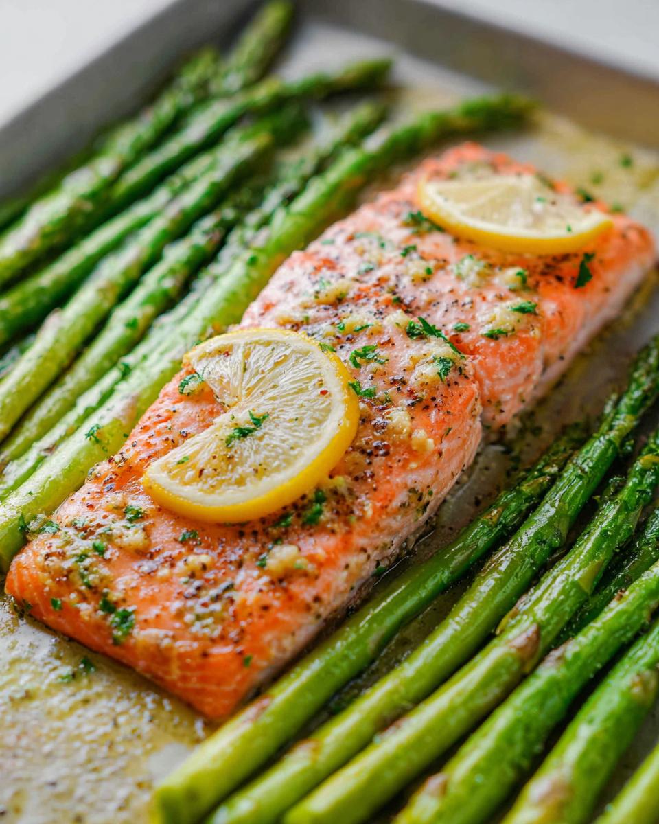 Close-up of two fillets of Garlic Butter Salmon & Asparagus topped with lemon slices and herbs on a baking sheet.