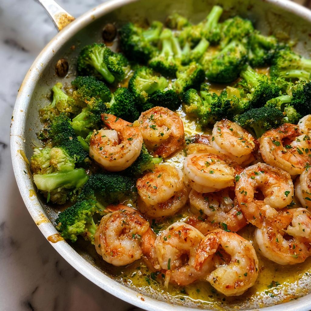 Close-up of Garlic Butter Shrimp & Broccoli cooked in a skillet, glistening with sauce and sprinkled with parsley.