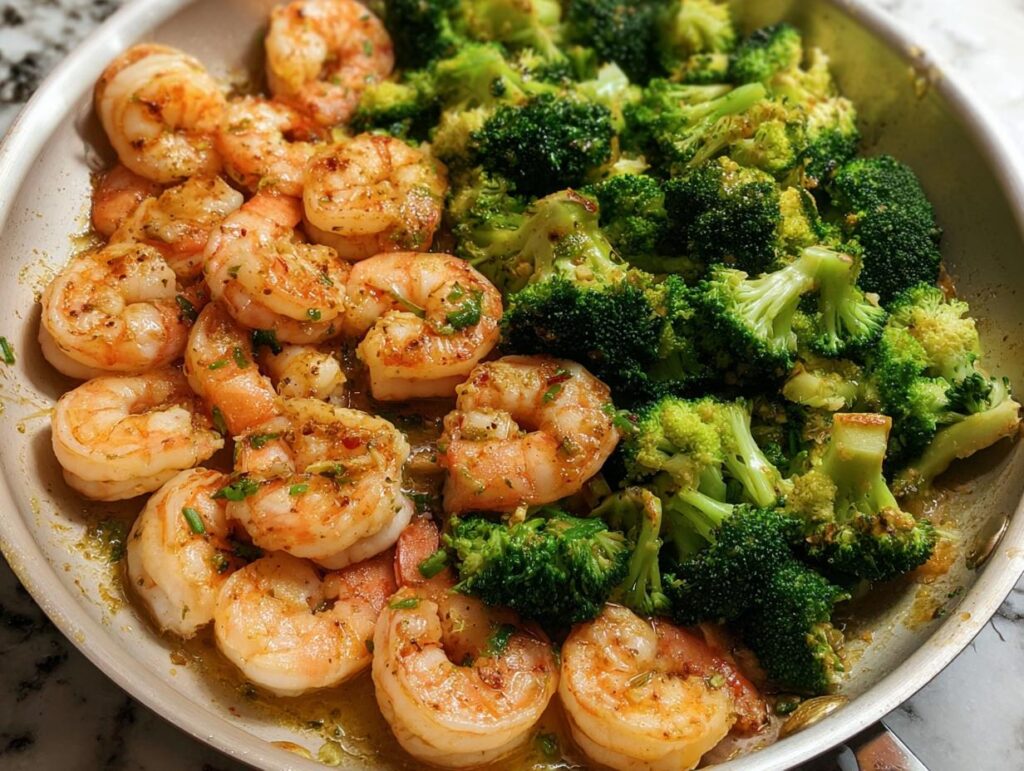 A close-up overhead view of Garlic Butter Shrimp & Broccoli cooked in a skillet, with seasoned shrimp on the left and bright green broccoli on the right.