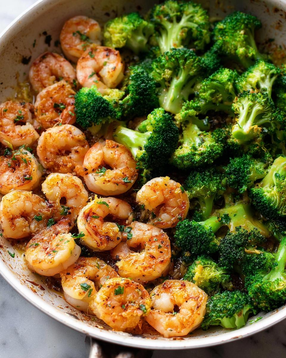 Close-up of Garlic Butter Shrimp & Broccoli in a skillet, with perfectly cooked shrimp and vibrant green broccoli florets.