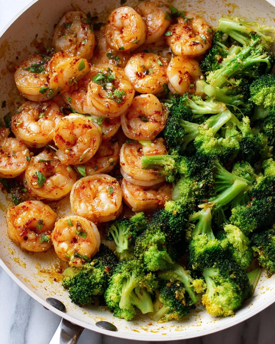 Close-up of Garlic Butter Shrimp & Broccoli cooked in a skillet, garnished with herbs.