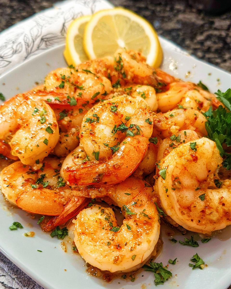 A close-up of cooked Garlic Butter Shrimp coated in sauce and parsley, garnished with lemon slices.