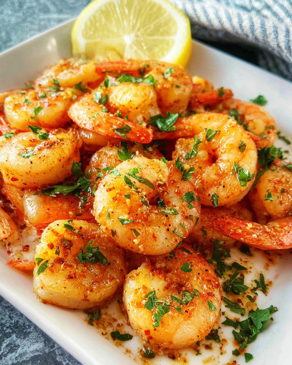 Close-up of cooked Garlic Butter Shrimp seasoned with herbs, served on a white plate with a lemon wedge.