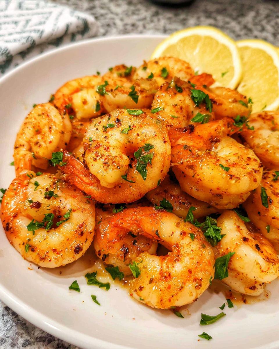 Close-up of cooked Garlic Butter Shrimp seasoned with spices and garnished with fresh parsley, served with lemon slices.