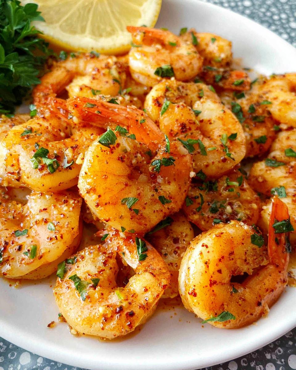 Close-up of cooked Garlic Butter Shrimp (Sheet Pan) served on a white plate with a lemon wedge and parsley garnish.