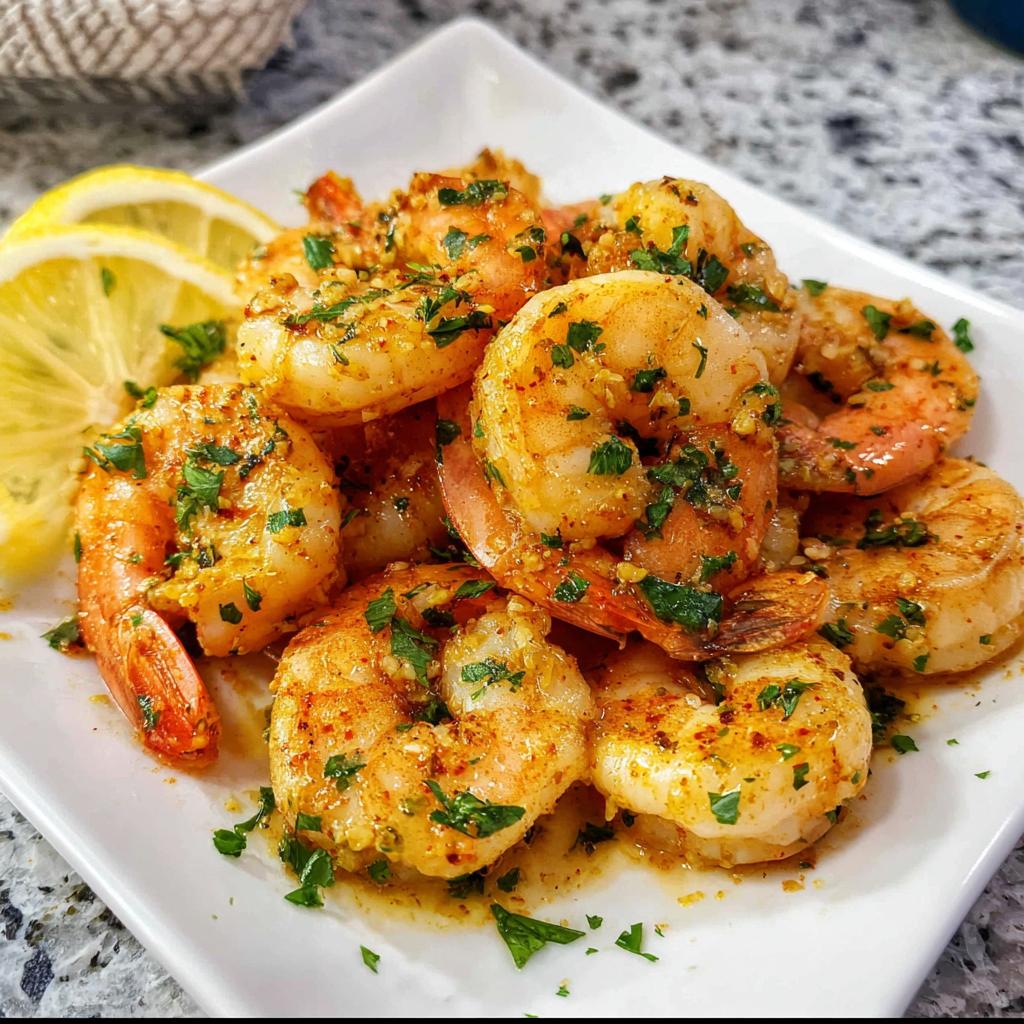 Close-up of cooked Garlic Butter Shrimp (Sheet Pan) seasoned with herbs and served with lemon wedges.