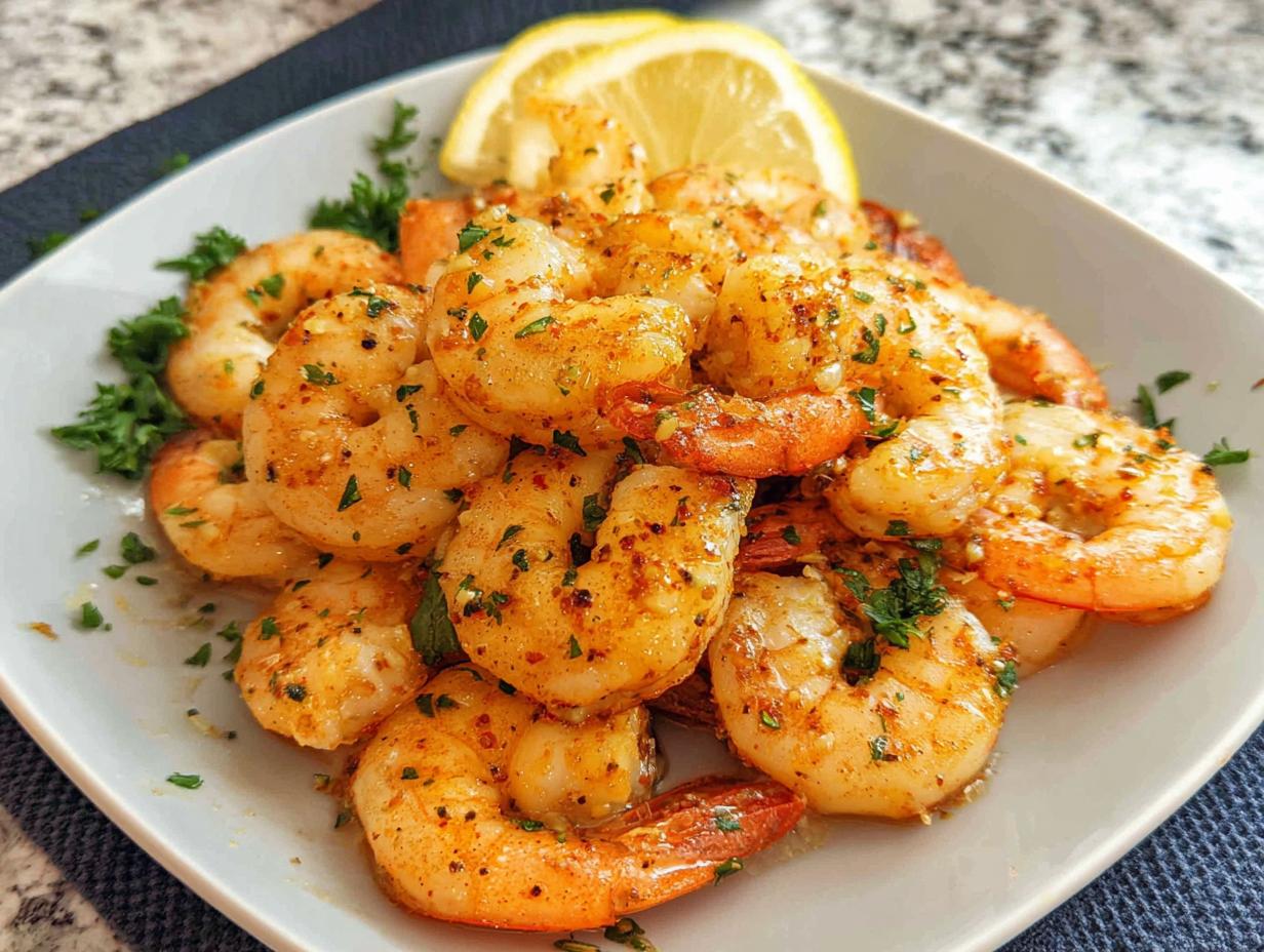A close-up of cooked Garlic Butter Shrimp seasoned with herbs on a white plate, garnished with lemon wedges.