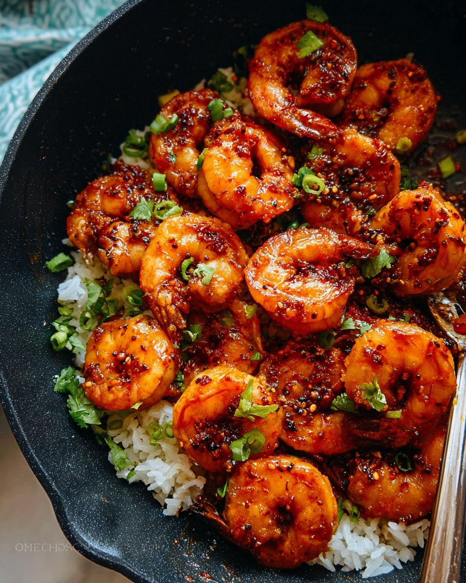 A close-up of succulent Garlic Chili Shrimp served over fluffy Jasmine Rice, garnished with green onions.