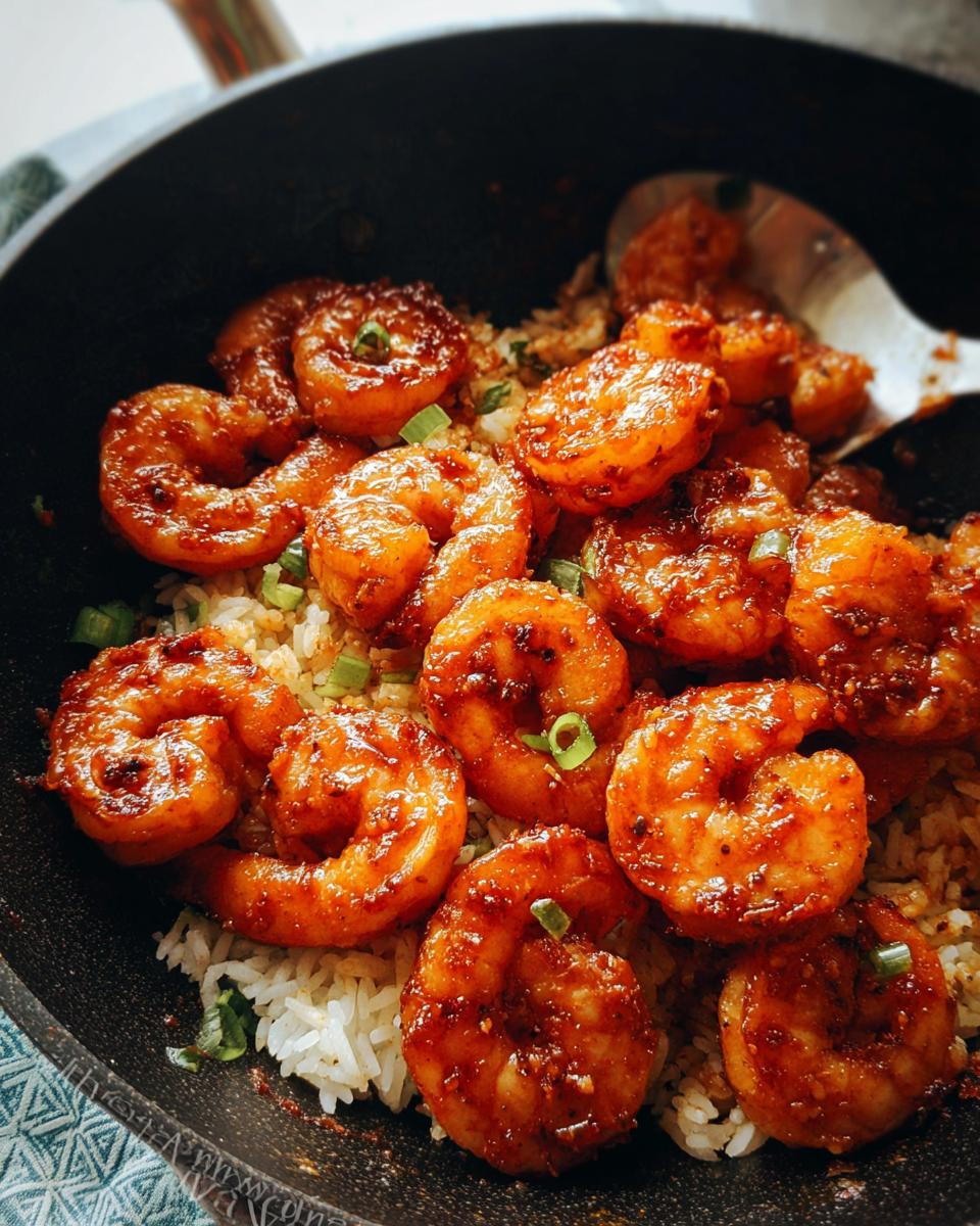 Close-up of glossy Garlic Chili Shrimp served over fluffy Jasmine Rice, garnished with green onions.