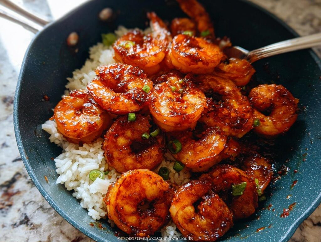 Close-up of Garlic Chili Shrimp With Jasmine Rice served in a dark pan, garnished with green onions.