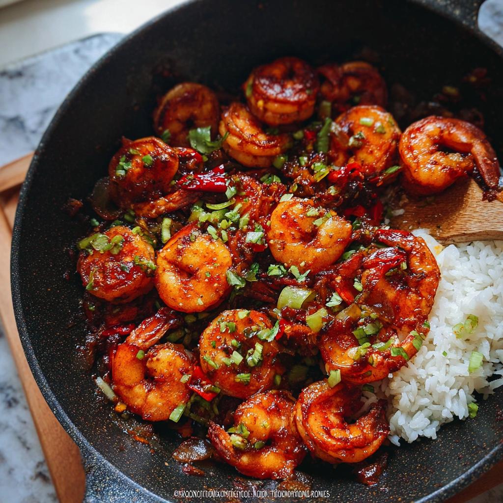 A close-up of Garlic Chili Shrimp with Jasmine Rice served in a black pan, garnished with chopped green onions.