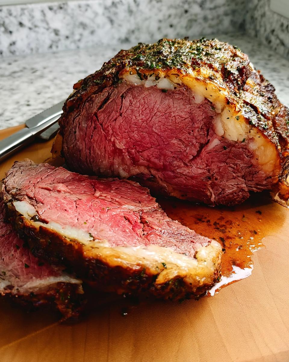 Close-up of a medium-rare Garlic-Herb Prime Rib with a herb crust, resting on a cutting board with au jus.
