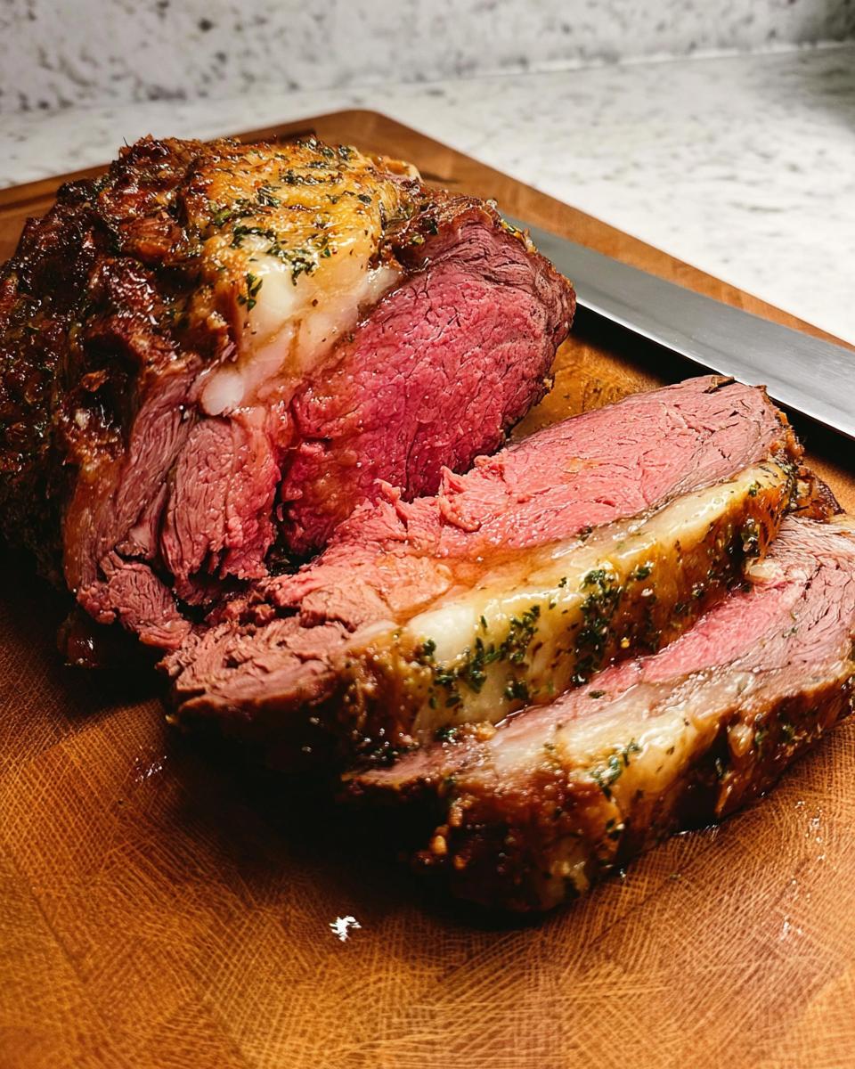 Close-up of a perfectly cooked Garlic-Herb Prime Rib with a medium-rare pink center, sliced on a wooden board.