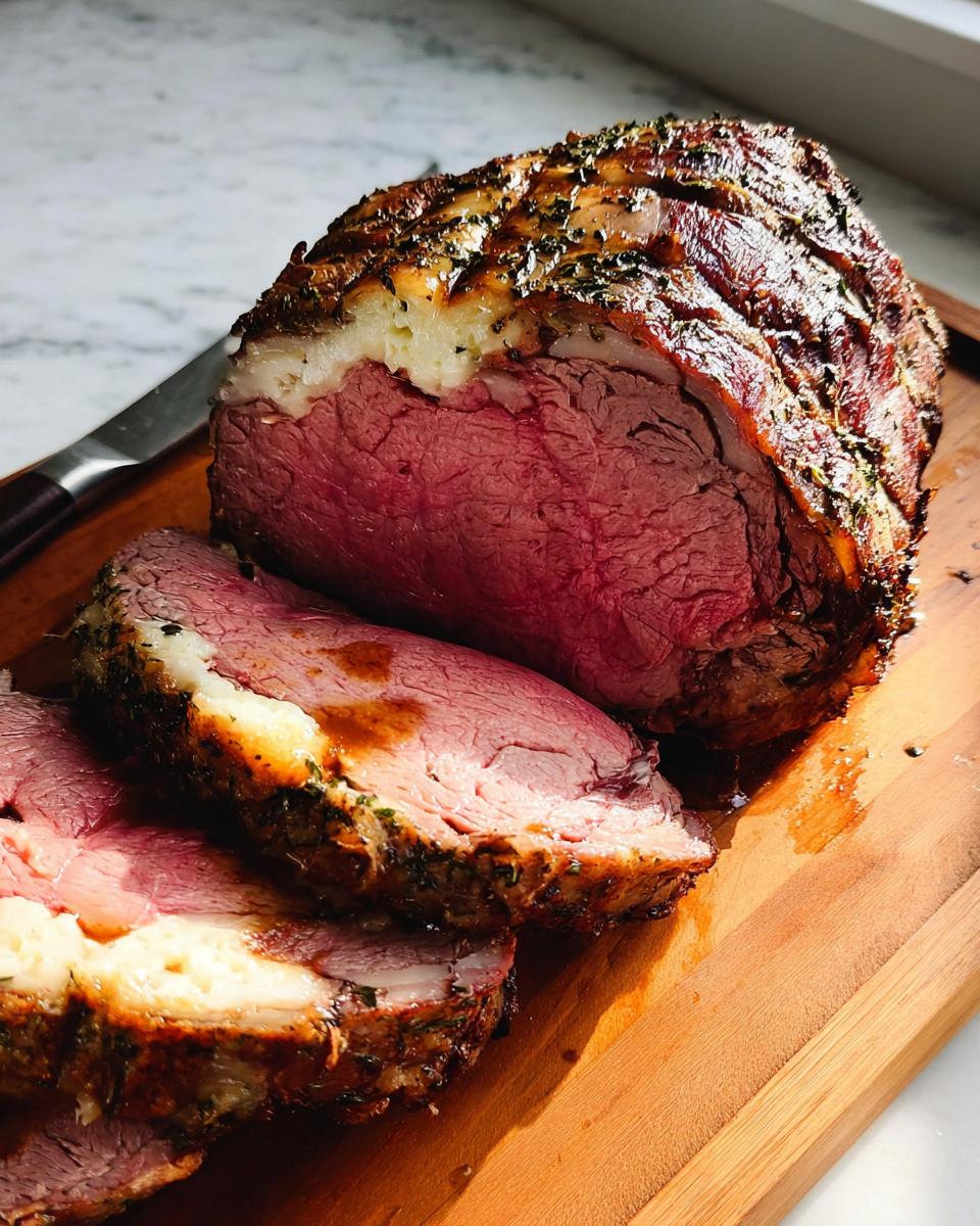 A beautifully roasted Garlic-Herb Prime Rib, sliced to show a medium-rare center, resting on a wooden cutting board.