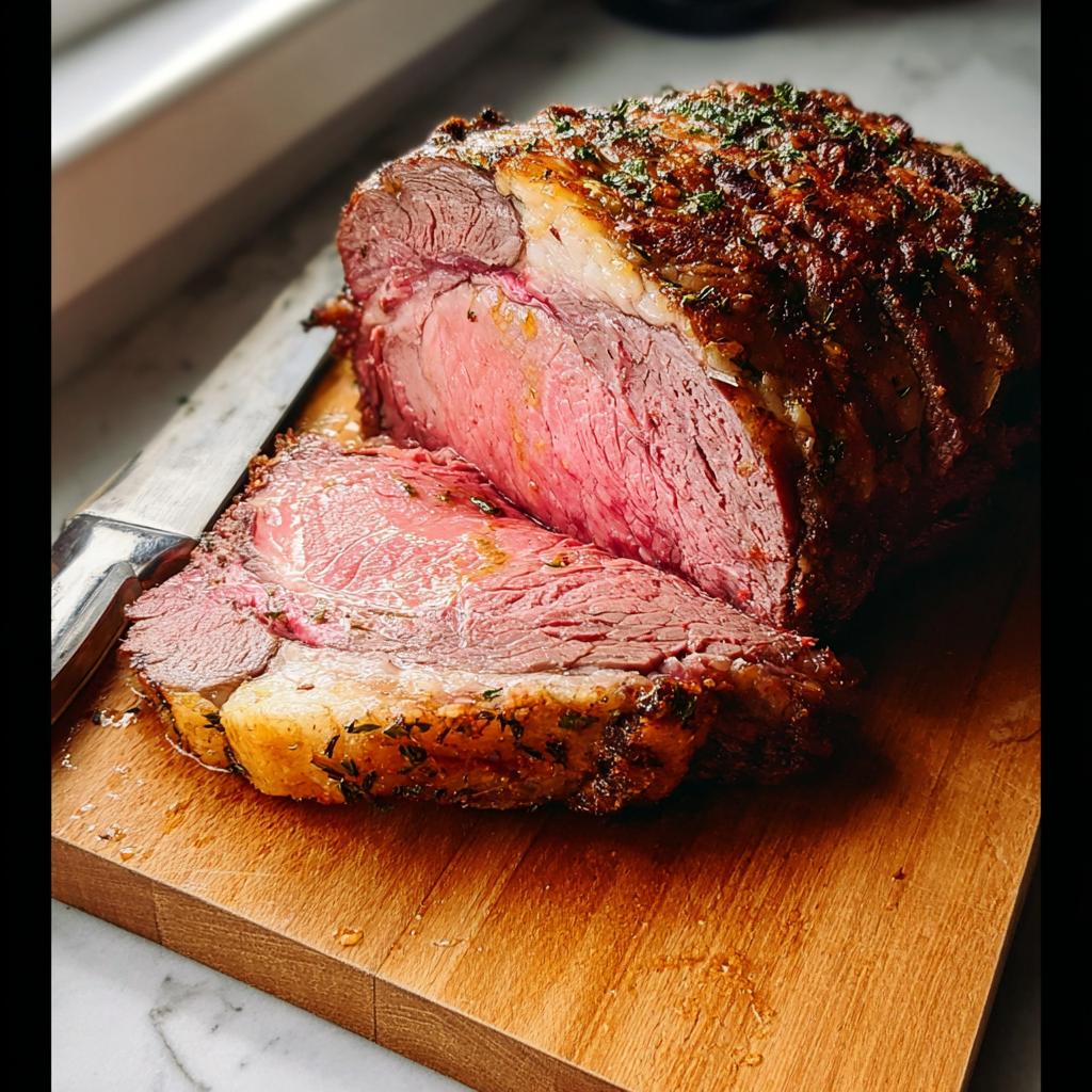 A thick slice of medium-rare Garlic-Herb Prime Rib with a dark, seasoned crust resting next to the main roast.