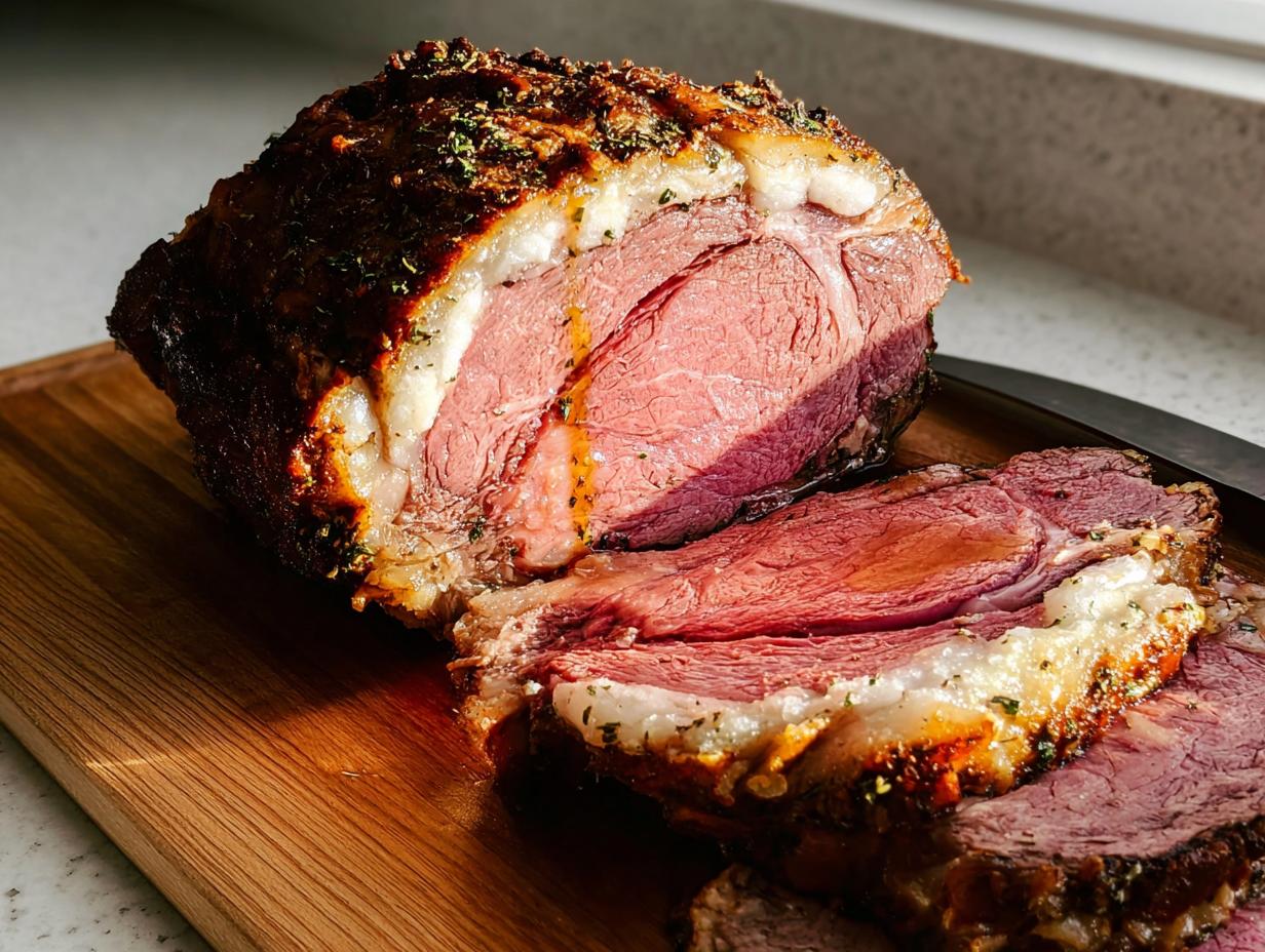 A juicy, medium-rare Garlic-Herb Prime Rib with a seasoned crust, partially sliced on a wooden cutting board.
