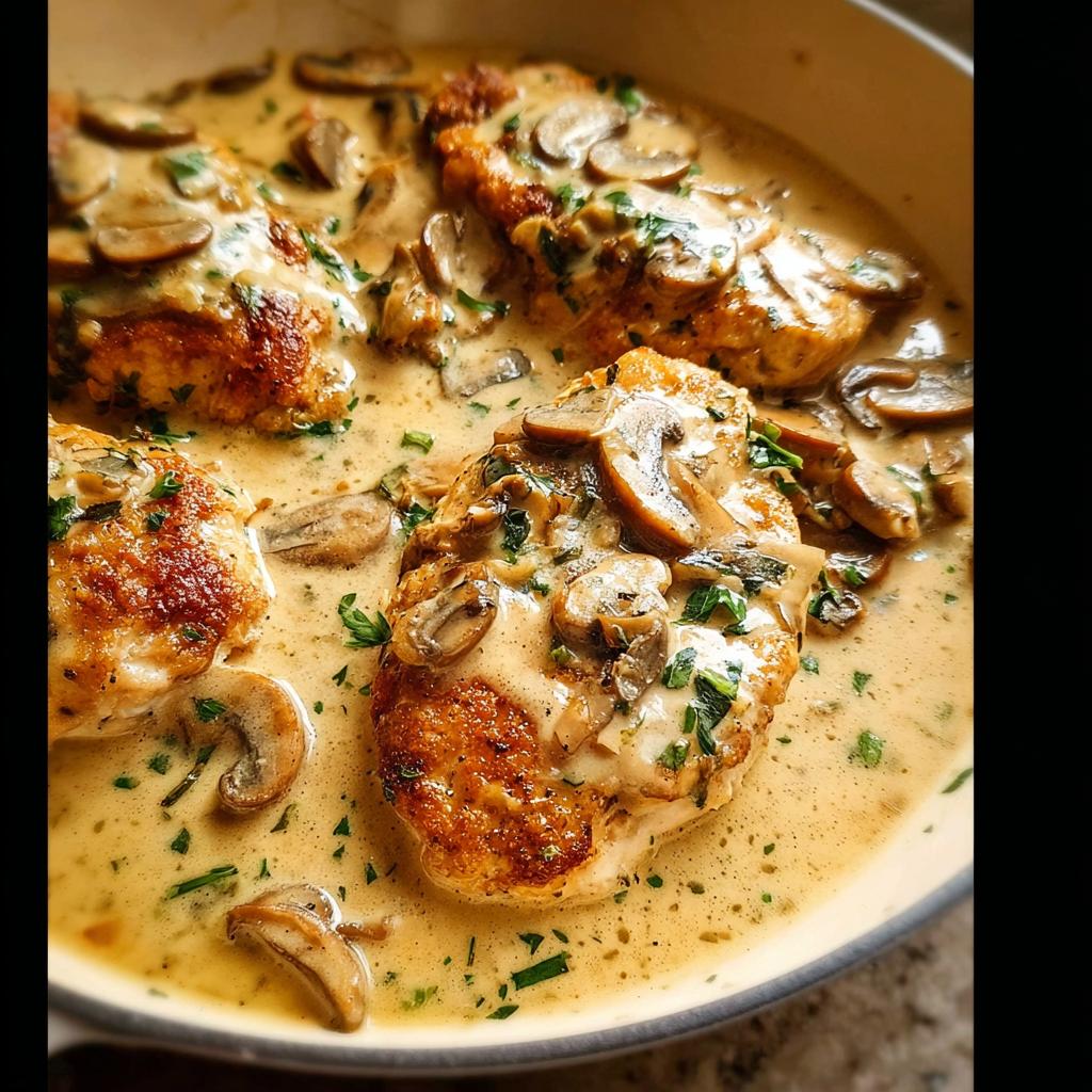 Close-up of pan-fried Garlic Mushroom Chicken breasts covered in a rich, creamy mushroom sauce and garnished with parsley.