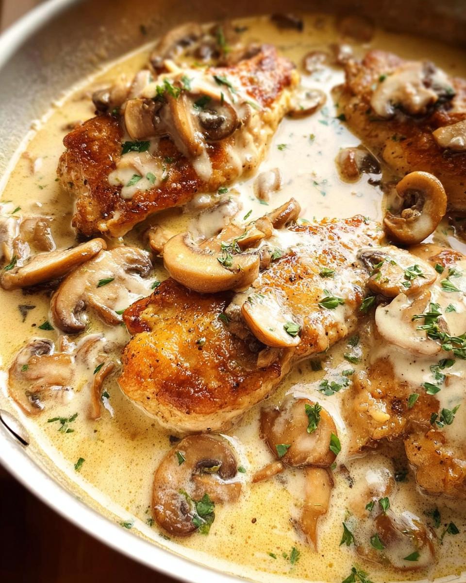 Close-up of tender Garlic Mushroom Chicken breasts in a rich, creamy sauce with sliced mushrooms and parsley.