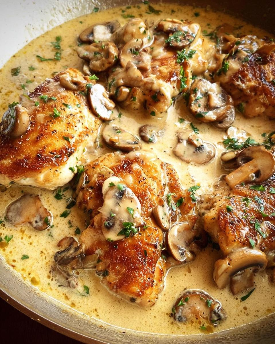 Close-up of golden brown Garlic Mushroom Chicken pieces simmering in a rich, creamy sauce with sliced mushrooms and parsley.