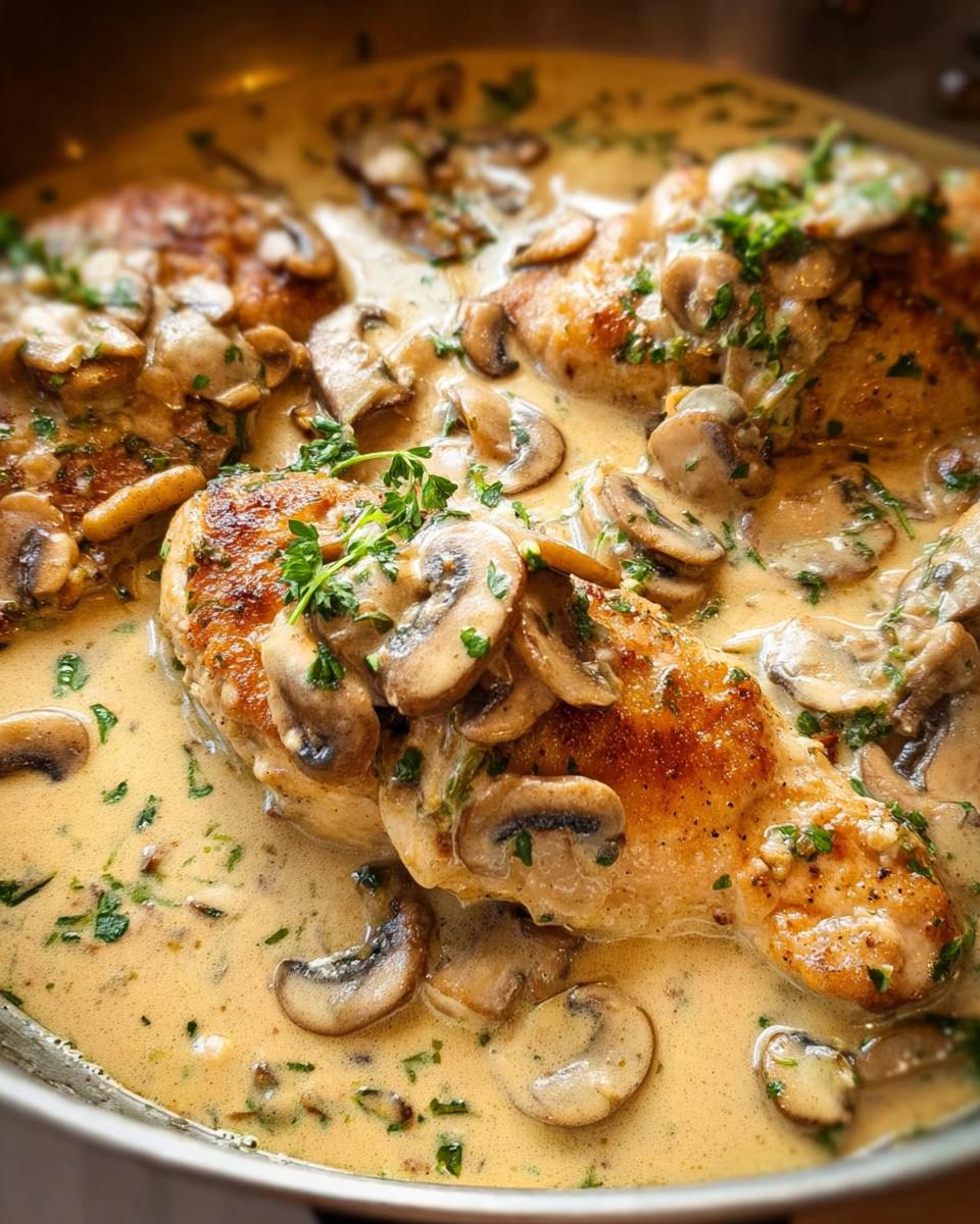 Close-up of tender Garlic Mushroom Chicken pieces simmering in a rich, creamy sauce with sliced mushrooms and fresh parsley.