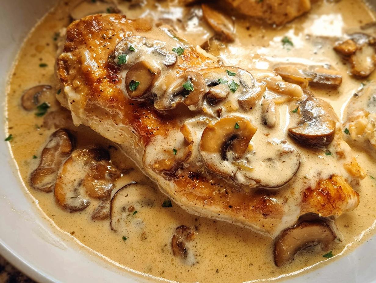 Close-up of a succulent Garlic Mushroom Chicken breast bathed in a rich, creamy mushroom sauce, garnished with fresh parsley.