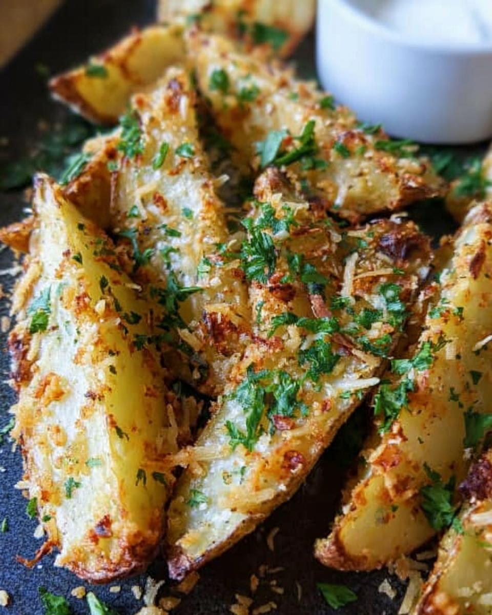 Close-up of crispy Garlic Parmesan Potato Wedges topped with grated cheese and fresh parsley.