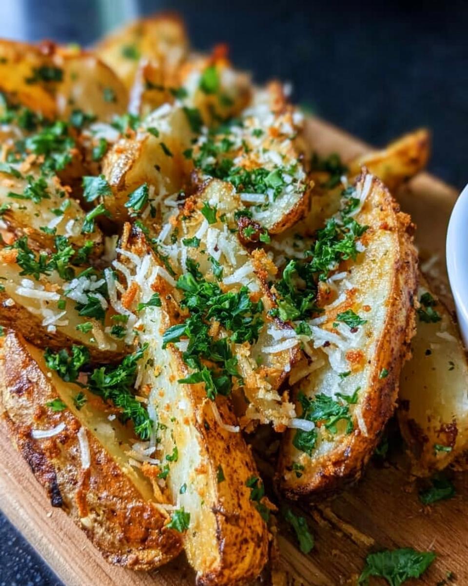 Close-up of crispy, golden Garlic Parmesan Potato Wedges topped with shredded cheese and fresh parsley.