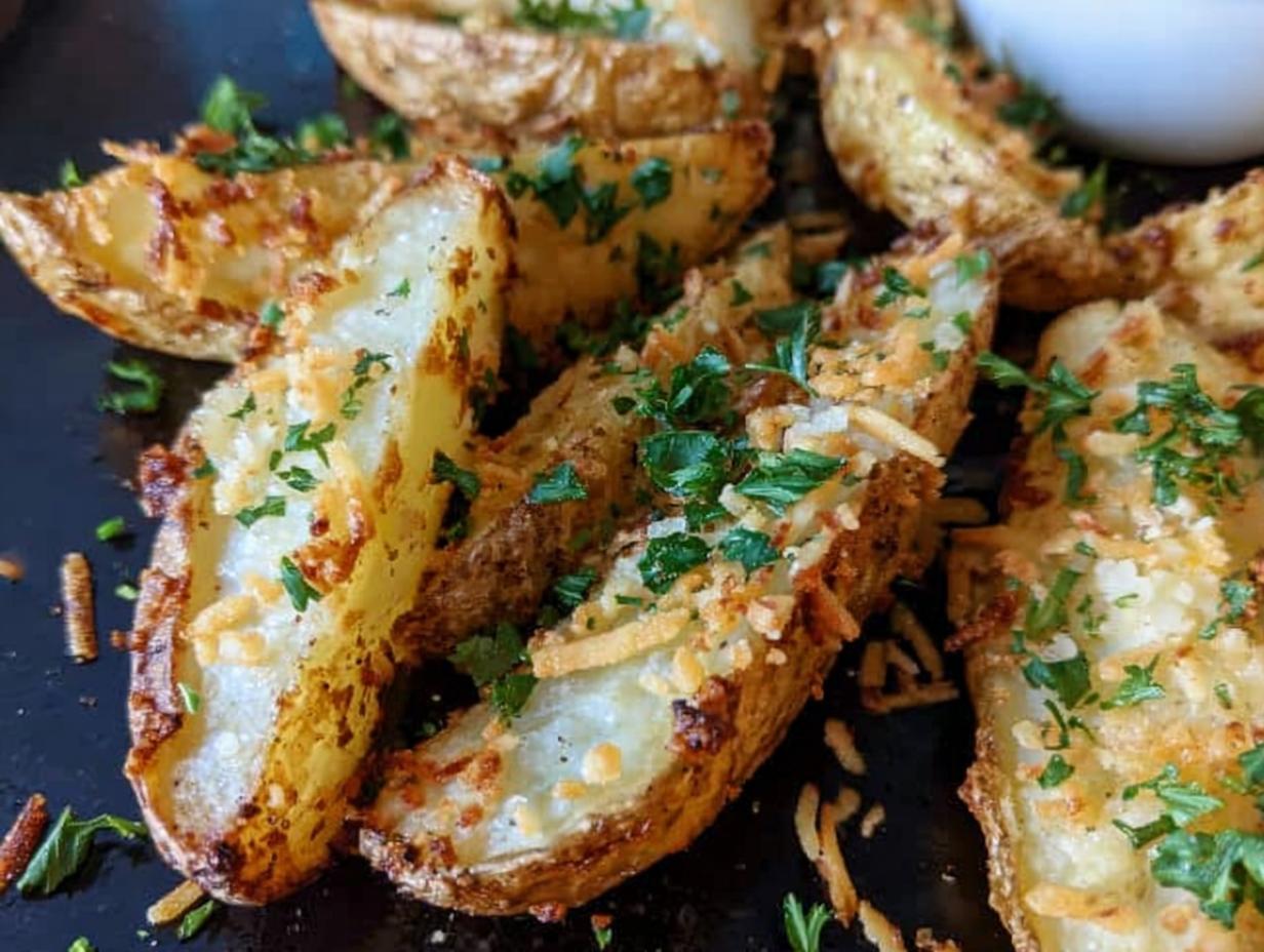Close-up of crispy, golden Garlic Parmesan Potato Wedges topped with shredded cheese and fresh chopped parsley.