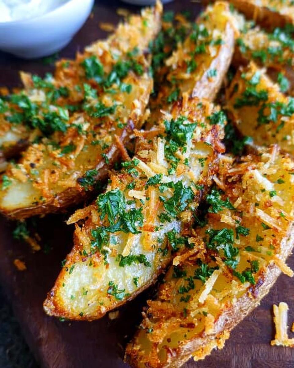 Close-up of crispy, golden brown Garlic Parmesan Potato Wedges topped with grated cheese and fresh parsley.