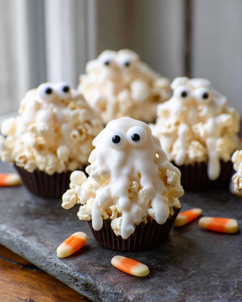 Close-up of Ghost Popcorn Cups decorated with white icing and candy eyes, surrounded by candy corn.