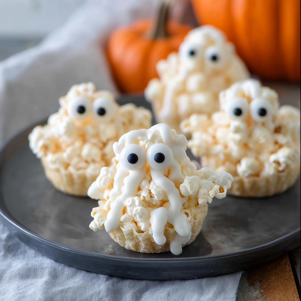 Four adorable Ghost Popcorn Cups with candy eyes and drizzled icing on a dark plate, perfect for Halloween.