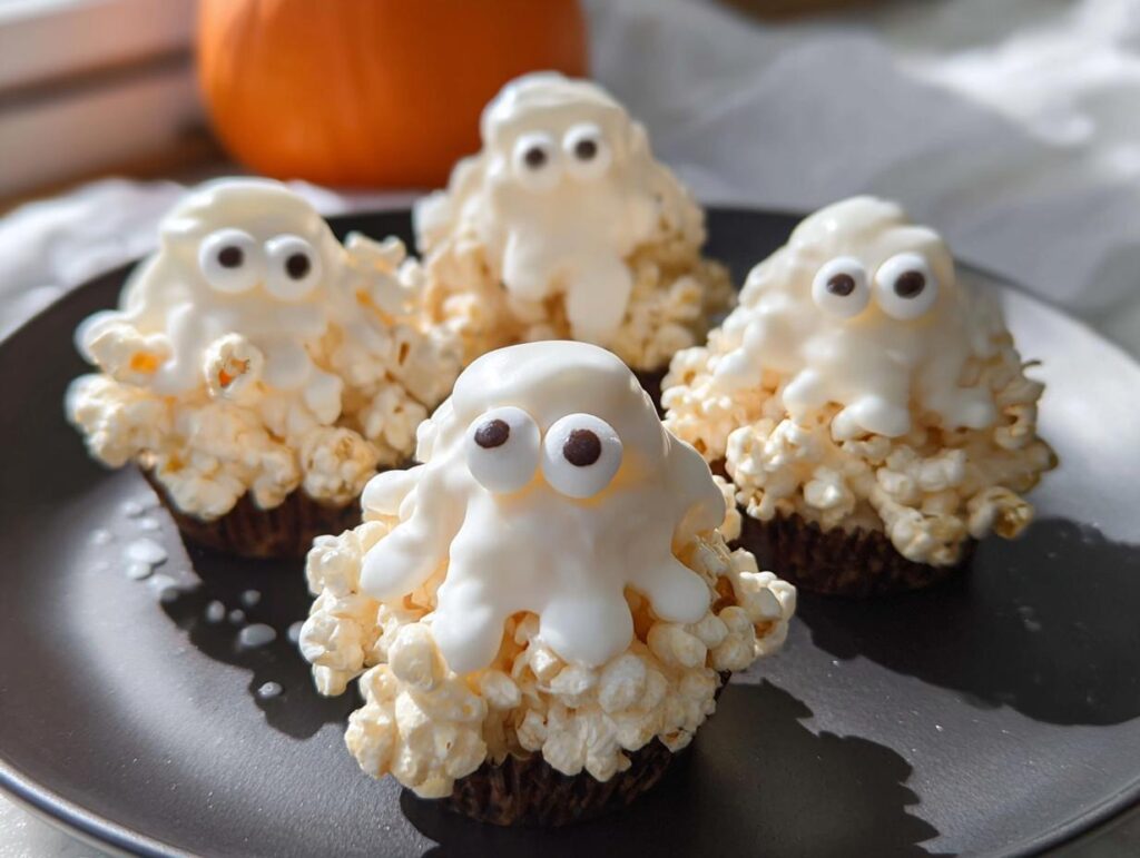 Four cute and spooky Ghost Popcorn Cups decorated with white icing and candy eyes on a dark plate.