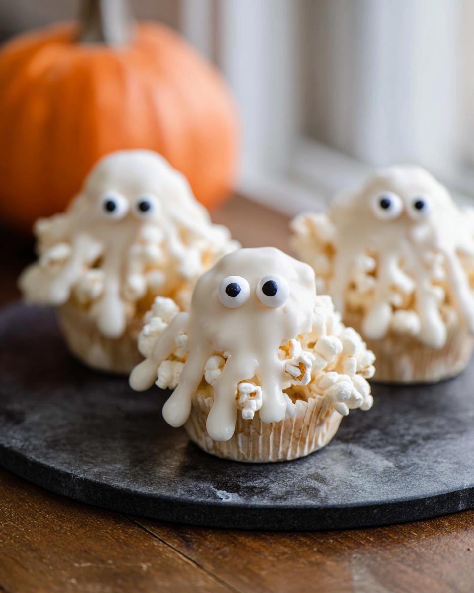 Three Ghost Popcorn Cups with white chocolate drizzle and candy eyes, with a pumpkin in the background.